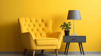 yellow chair and table placed against a yellow wall with a lamp. It is perfect for interior design, home decor, and furniture-related projects.