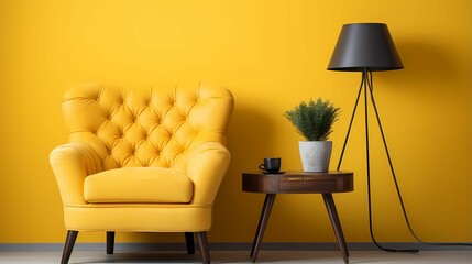yellow chair and table placed against a yellow wall with a lamp. It is perfect for interior design, home decor, and furniture-related projects.