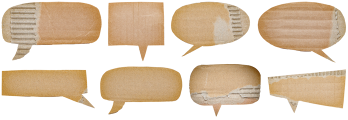 Collection set of blank cut out paper cardboard speech bubbles with copy space for text on transparent or white background
