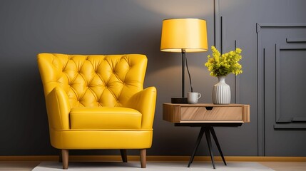 yellow sofa and wooden table placed against a dark wall with a lamp.Ideal for interior design projects, home decor websites, and furniture catalogs.