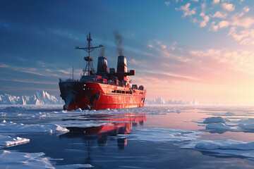 A boat floating on ice-covered water