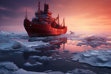 A boat floating on ice-covered water - obrazy, fototapety, plakaty