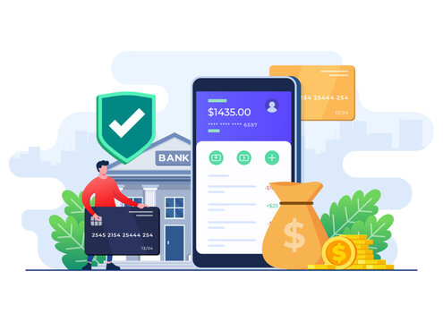 Mobile banking app flat illustration, Online banking, E-commerce, E-banking, Male character trying to access bank account using a smartphone, Money transfer, Credit card payments, Business and finance
