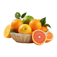 Fruit basket with oranges and grapefruits isolated on transparent background