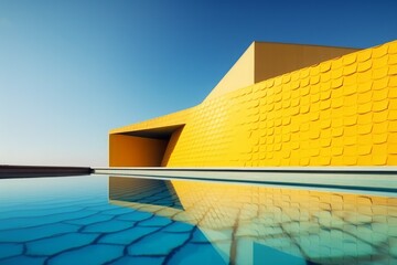 Modern yellow building with pool water. Generate Ai