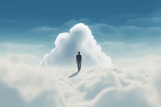 Man walk over clouds. Generate Ai