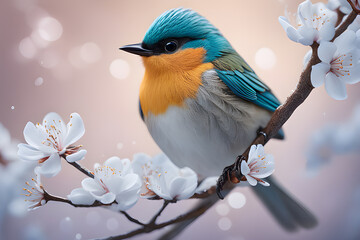 A bird with beautiful colorful feathers sits on a branch.