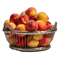 Basket with peaches and plums in a metal frame isolated on transparent background