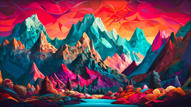 Colorful and Artistic Painting of a Mountain Range, Invoking Nature's Grandeur