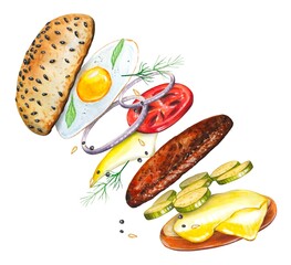 Flying burger with ingredients, watercolor