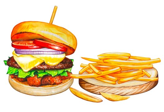 Fresh tasty burgers with french fries. Watercolor illustration isolated on white background