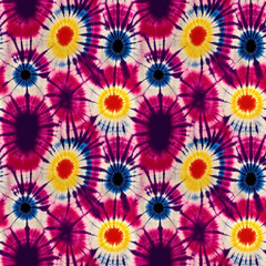 Fototapeta na wymiar Colorful tie dye style seamless pattern. Hippie batik ornament background