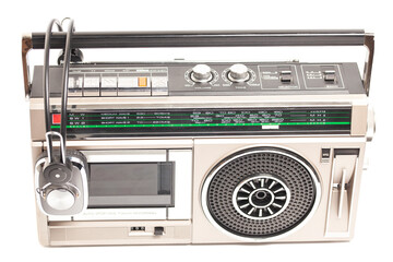 Retro ghetto radio boom box cassette recorder from 80s. with headphones
