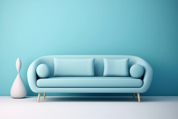 Soft blue sofa on blue background, 3D illustration. Modern minimalistic living room interior detail. Cosiness, social media and sale concept, creative advertisement, Generative AI