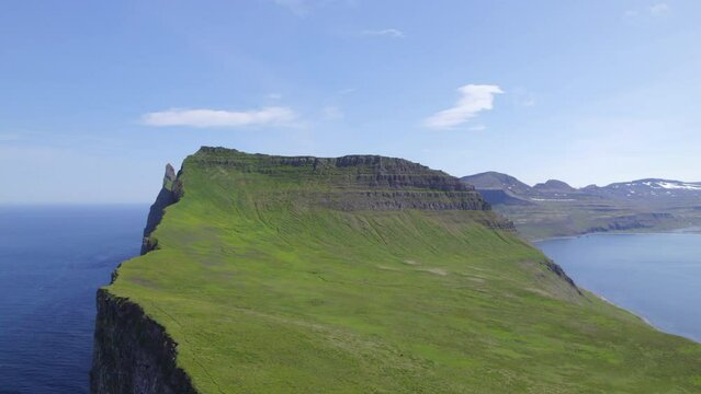 Aerial Drone view of Hornstrandir Wilderness in Northern Iceland. A popular trekking location in the arctic circle.	