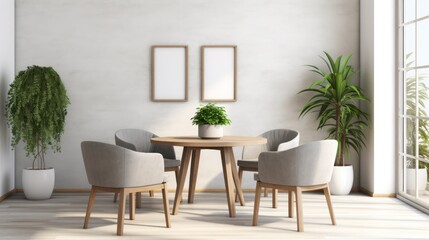 Grey barrel chairs at wooden round dining table