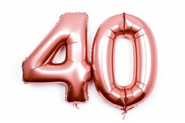 Number 40 forty made of rose golden inflatable balloons isolated on white. Helium balloons, pink foil numbers. Party decoration, anniversary sign for holidays, celebration, birthday, Generative AI