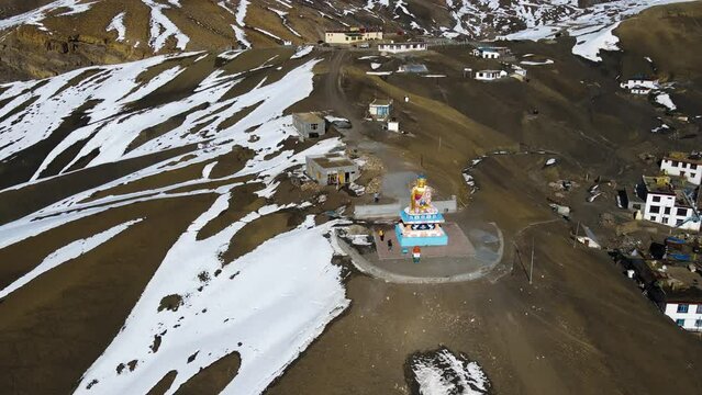 aerial view of famous landmark in Langza Buddha Statue in kaza spiti valley India 