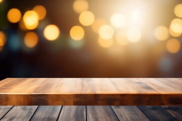 Wooden tabletop with blurred background for display or montage. Free space wood table top. Generative AI