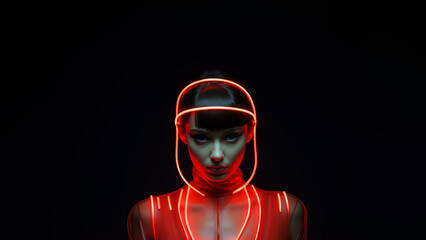 woman with red neon lights around body on black background