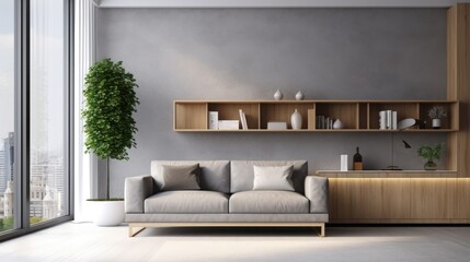 Studio apartment with grey sofa