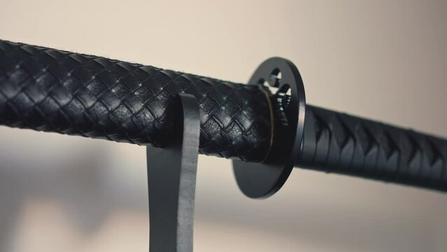 Close-up view of the black katana on the base. A scabbard resembling dragon skin