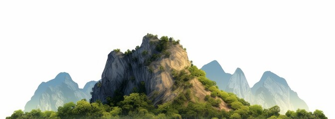 ock mountain hill with  green forest isolate on white background, Generative AI - obrazy, fototapety, plakaty