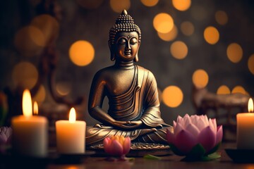 Buddha statue in meditation with lotus flower and burning candles. Meditation, spiritual health, peace, searching zen concept. Generative AI