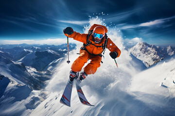 Skier doing stunts and jumps in the snowy landscape in action