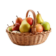 Pears and apples in a basket with wooden handles isolated on transparent background