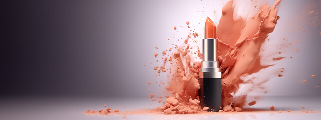 Generative AI, Apricot color lipstick, orange powder splashes and smoke with copy space.
