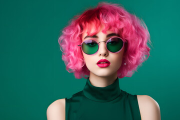 Colorful studio portrait of a cool teenager girl with age specific outfit and accessories. Bold, vibrant and minimalist. Generative AI