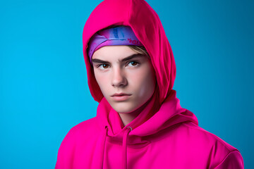 Colorful studio portrait of a cool teenager boy with age specific outfit and accessories. Bold, vibrant and minimalist. Generative AI