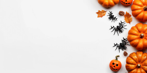 halloween background. pumpkins on a white background, top view, flatlay. space for text. poster - Powered by Adobe