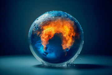 Ice sphere with flame inside, global warming concept, flames and melting ice on Earth planet. 