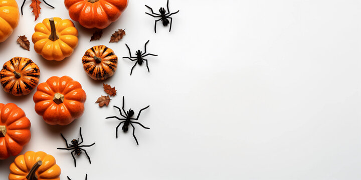 halloween background. pumpkins and fantastic spiders on a white background, top view, flatlay. space for text. poster - Powered by Adobe
