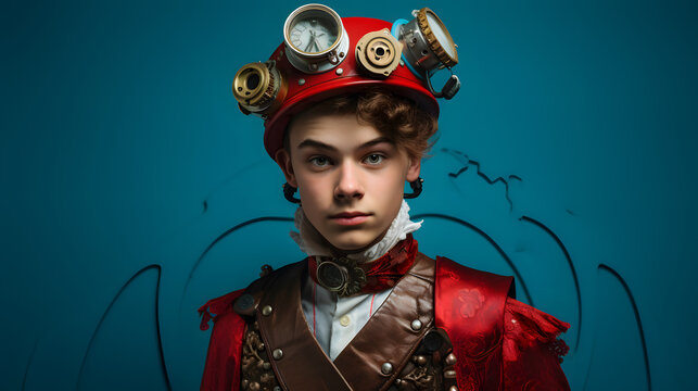 Colorful studio portrait of a teenager boy with steampunk outfit and accessories. Bold, vibrant and minimalist. Generative AI - Powered by Adobe