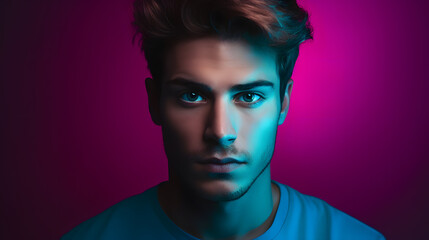 Colorful studio portrait of an attractive young man. Bold, vibrant and minimalist. Generative AI