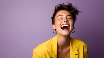 Colorful studio portrait of an attractive young woman laughing happily. Bold, vibrant and minimalist. Generative AI