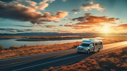 Crédence de cuisine en verre imprimé Canada Car with caravan trailer on the highway, lifestyle travel concept