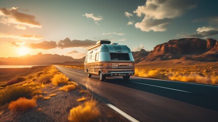 Car with caravan trailer on the highway, lifestyle travel concept - obrazy, fototapety, plakaty