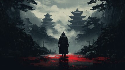 A great samurai with a sword stands in front of an old Japanese temple shrine. Rainy day and sky