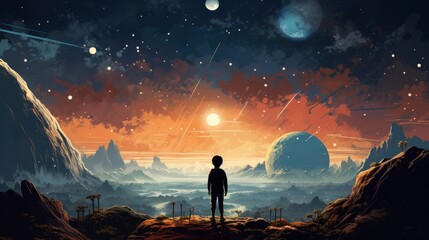 Obraz premium Vector art of children's illustration space space landscape