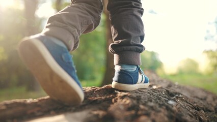 baby boy playing in the forest park. close-up child feet walking on a fallen tree log. happy family kid dream concept. a child in sneakers walks on a fallen tree in park lifestyle