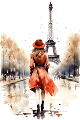 Nostalgia for old Paris: Watercolor illustration of a beautiful French woman near the Eiffel Tower - obrazy, fototapety, plakaty