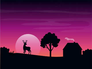 Fototapeta na wymiar house on a hill wild deer and tree moon rising vector 