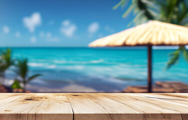 Wooden countertop by the sea. 