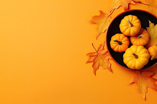 pumpkin autumn decoration on orange background copy space