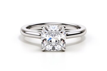 A White Gold Band With A Cushion Cut Diamond And Diamond On A White Background