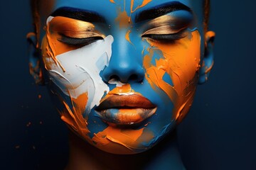 A Womans Face Painted In Blue And Orange Makeup Artistry, Facial Expression Interpretation, Color Theory In Art, Womens Identity In Art
